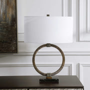 Uttermost Relic Antiqued Gold and Dark Bronze Table Lamp With White Linen Shade