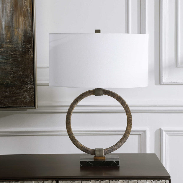 Uttermost Relic Antiqued Gold and Dark Bronze Table Lamp With White Linen Shade