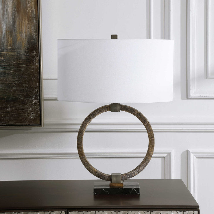 Uttermost Relic Antiqued Gold and Dark Bronze Table Lamp With White Linen Shade