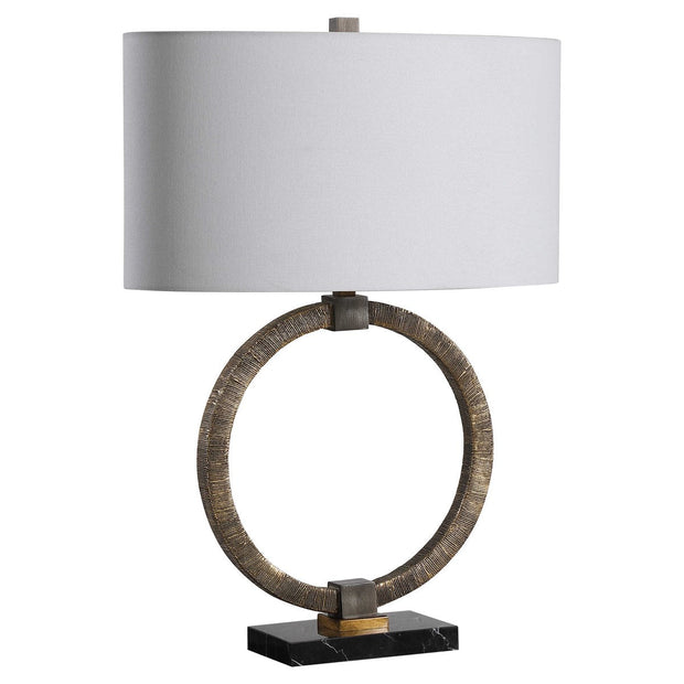 Uttermost Relic Antiqued Gold and Dark Bronze Table Lamp With White Linen Shade