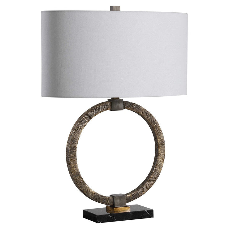 Uttermost Relic Antiqued Gold and Dark Bronze Table Lamp With White Linen Shade