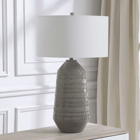 Uttermost Rewind Soft Gray Glazed Ceramic Table Lamp With White Shade