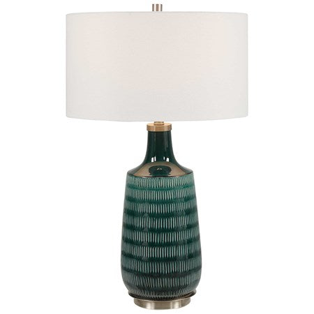 Uttermost Scouts Deep Teal Glaze Ceramic Table Lamp With White Shade