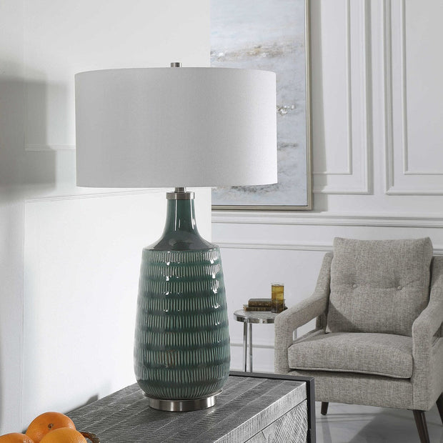 Uttermost Scouts Deep Teal Glaze Ceramic Table Lamp With White Shade