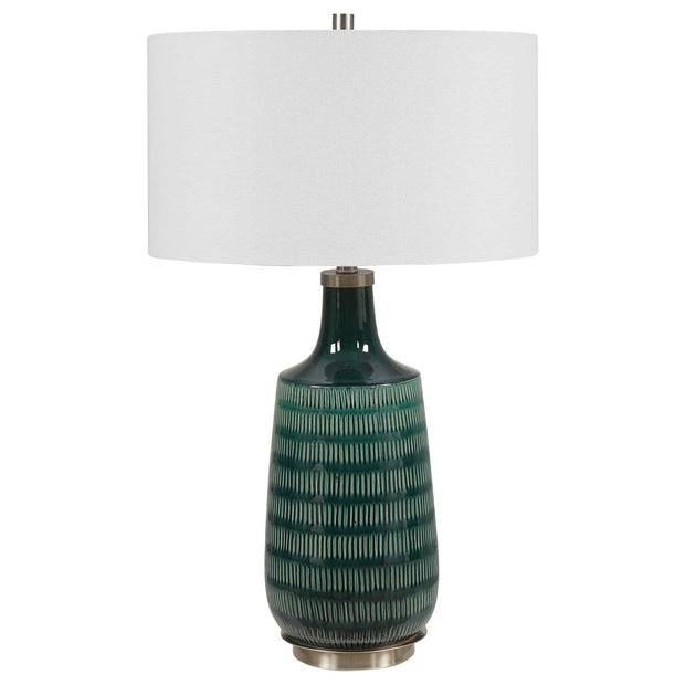 Uttermost Scouts Deep Teal Glaze Ceramic Table Lamp With White Shade