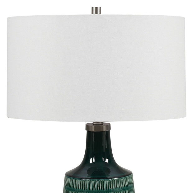 Uttermost Scouts Deep Teal Glaze Ceramic Table Lamp With White Shade