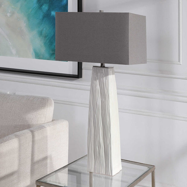 Uttermost Sycamore Gloss White Ceramic Table Lamp With Gray Linen Shade