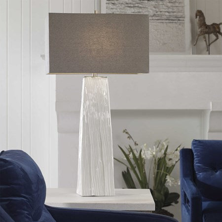 Uttermost Sycamore Gloss White Ceramic Table Lamp With Gray Linen Shade