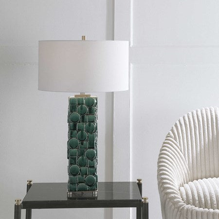 Uttermost Geometry Emerald Green Glazed Ceramic Table Lamp With White Linen Shade