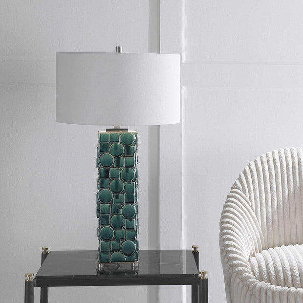 Uttermost Geometry Emerald Green Glazed Ceramic Table Lamp With White Linen Shade