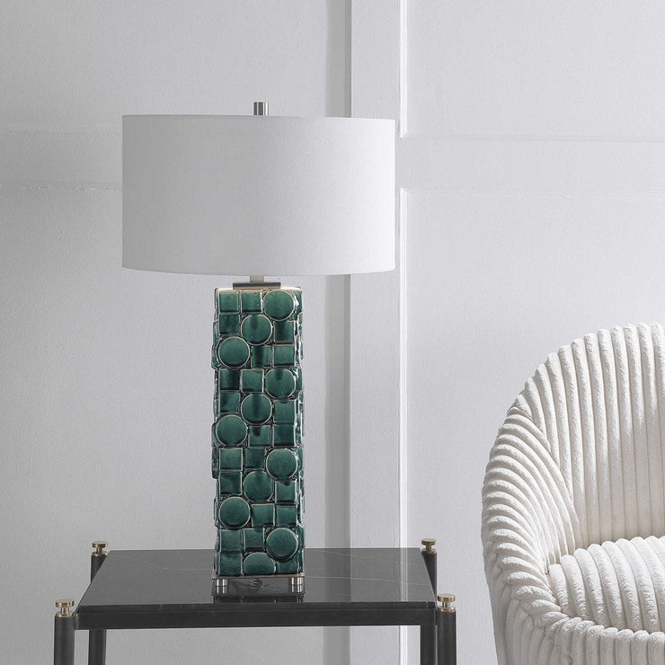 Uttermost Geometry Emerald Green Glazed Ceramic Table Lamp With White Linen Shade