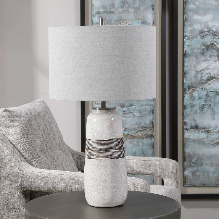 Uttermost Comanche Off-White Crackle Glazed Ceramic Table Lamp With Light Gray Linen Shade