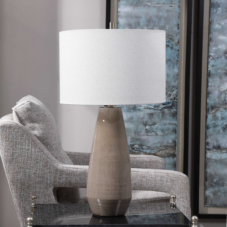 Uttermost Volterra Taupe Gray Glazed Ceramic Table Lamp With White Linen Shade