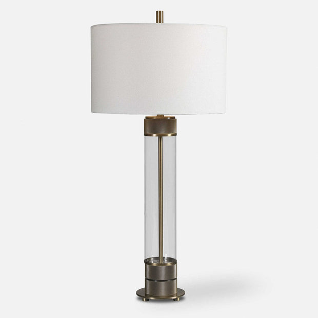 Uttermost Anmer Clear Glass and Antiqued Brass Iron Table Lamp With White Drum Shade