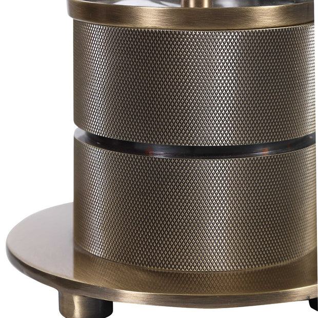 Uttermost Anmer Clear Glass and Antiqued Brass Iron Table Lamp With White Drum Shade