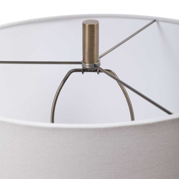 Uttermost Anmer Clear Glass and Antiqued Brass Iron Table Lamp With White Drum Shade