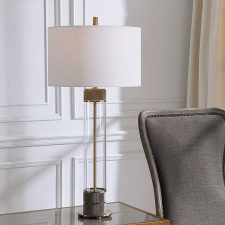 Uttermost Anmer Clear Glass and Antiqued Brass Iron Table Lamp With White Drum Shade