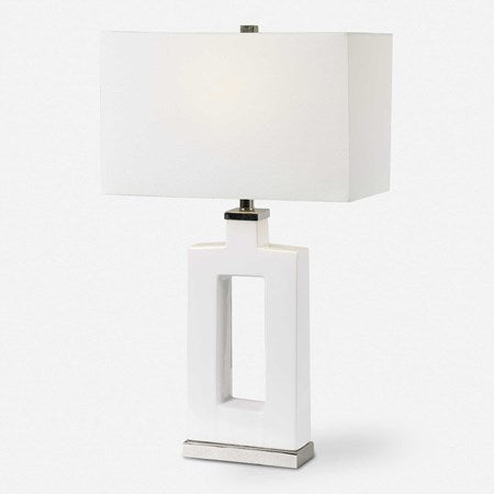 Uttermost Entry White Glazed Ceramic Contemporary Table Lamp With Linen Shade