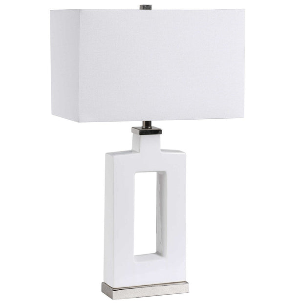 Uttermost Entry White Glazed Ceramic Contemporary Table Lamp With Linen Shade