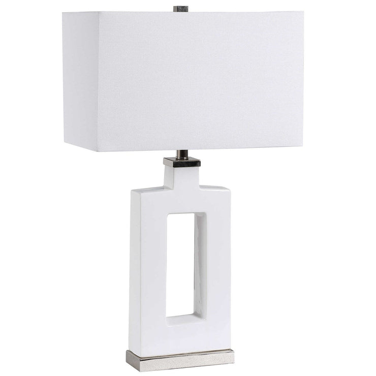 Uttermost Entry White Glazed Ceramic Contemporary Table Lamp With Linen Shade