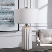 Uttermost Azariah Cream and Beige Crackle Glaze Ceramic Table Lamp With White Linen Drum Shade