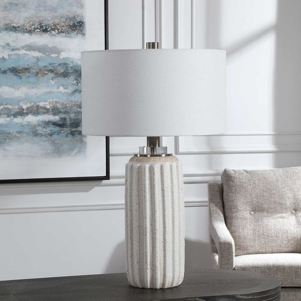 Uttermost Azariah Cream and Beige Crackle Glaze Ceramic Table Lamp With White Linen Drum Shade