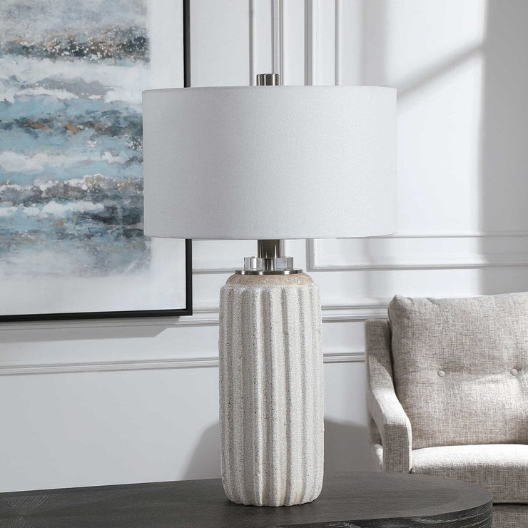 Uttermost Azariah Cream and Beige Crackle Glaze Ceramic Table Lamp With White Linen Drum Shade