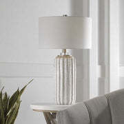 Uttermost Azariah Cream and Beige Crackle Glaze Ceramic Table Lamp With White Linen Drum Shade