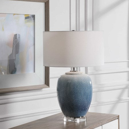 Uttermost Blue Waters Ombré Ceramic Table Lamp With White Linen Drum Shade