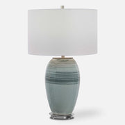 Uttermost Caicos Aqua and Teal Crackle Glazed Ceramic Table Lamp With White Linen Shade
