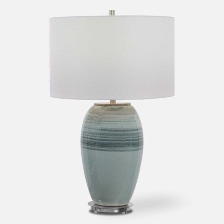 Uttermost Caicos Aqua and Teal Crackle Glazed Ceramic Table Lamp With White Linen Shade