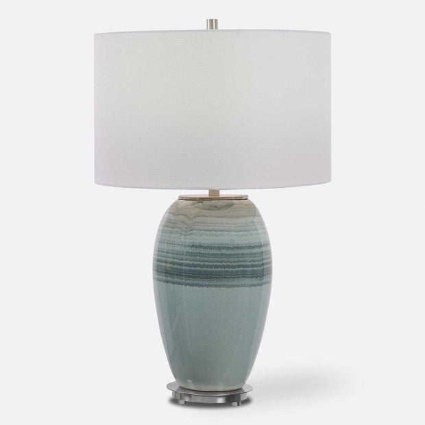 Uttermost Caicos Aqua and Teal Crackle Glazed Ceramic Table Lamp With White Linen Shade