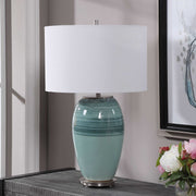 Uttermost Caicos Aqua and Teal Crackle Glazed Ceramic Table Lamp With White Linen Shade