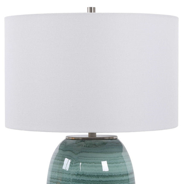 Uttermost Caicos Aqua and Teal Crackle Glazed Ceramic Table Lamp With White Linen Shade
