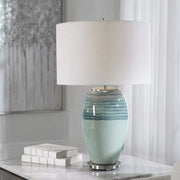 Uttermost Caicos Aqua and Teal Crackle Glazed Ceramic Table Lamp With White Linen Shade