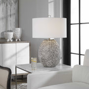 Uttermost Cyprien Brushed Gray and Crackled Gloss White Glazed Ceramic Table Lamp With Linen Shade
