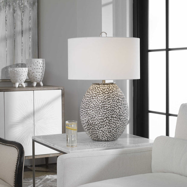 Uttermost Cyprien Brushed Gray and Crackled Gloss White Glazed Ceramic Table Lamp With Linen Shade