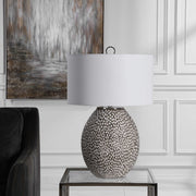 Uttermost Cyprien Brushed Gray and Crackled Gloss White Glazed Ceramic Table Lamp With Linen Shade
