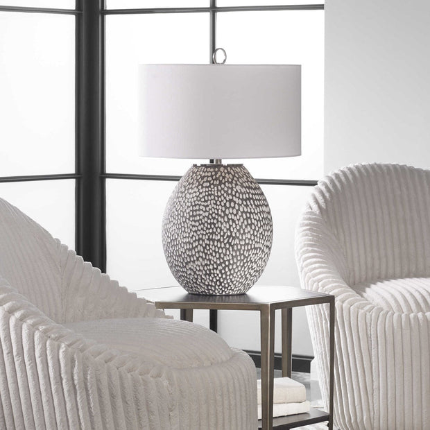 Uttermost Cyprien Brushed Gray and Crackled Gloss White Glazed Ceramic Table Lamp With Linen Shade