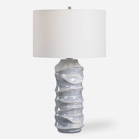 Uttermost Waves Blue and White Ceramic Table Lamp With White Shade
