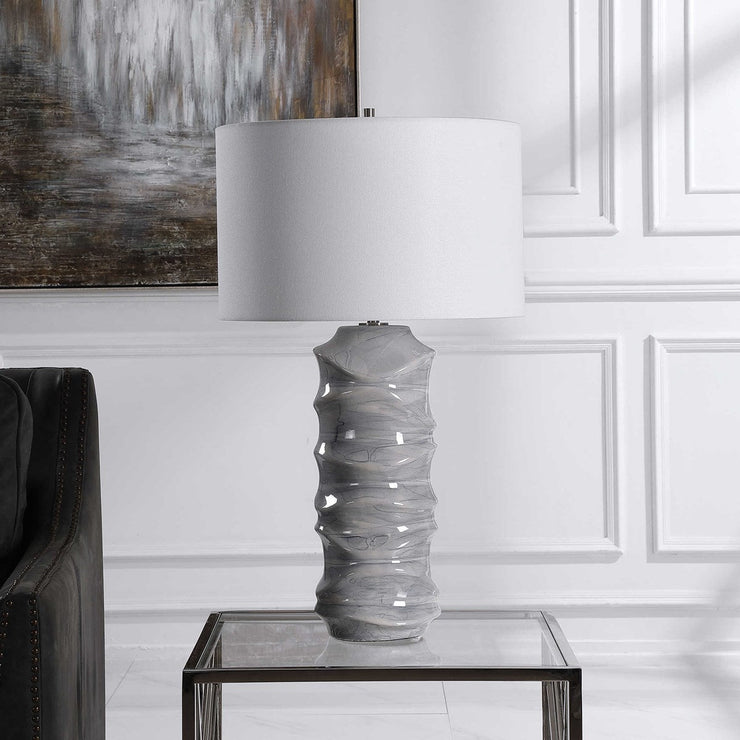 Uttermost Waves Blue and White Ceramic Table Lamp With White Shade