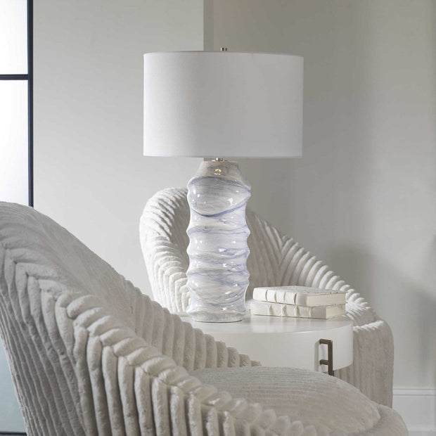 Uttermost Waves Blue and White Ceramic Table Lamp With White Shade