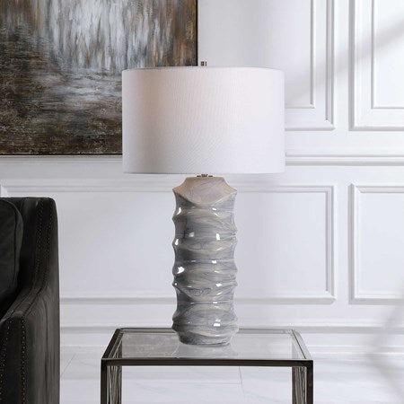 Uttermost Waves Blue and White Ceramic Table Lamp With White Shade