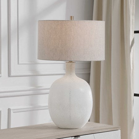 Uttermost Whiteout Aged White Glass Table Lamp With Light Oatmeal Linen Shade