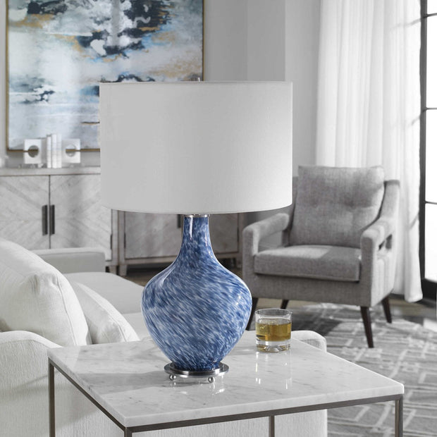 Uttermost Cove Colbalt Blue and White Glass Table Lamp With Linen Shade