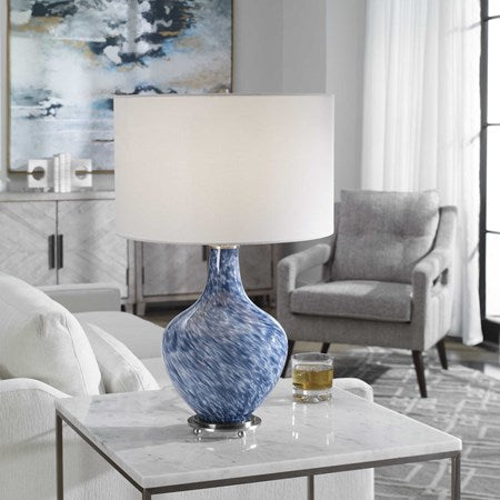 Uttermost Cove Colbalt Blue and White Glass Table Lamp With Linen Shade