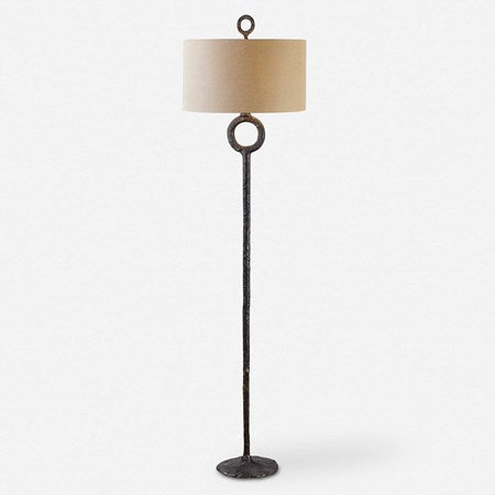 Uttermost Ferro Aged Rust Bronze Iron Floor Lamp With Beige Linen Fabric
