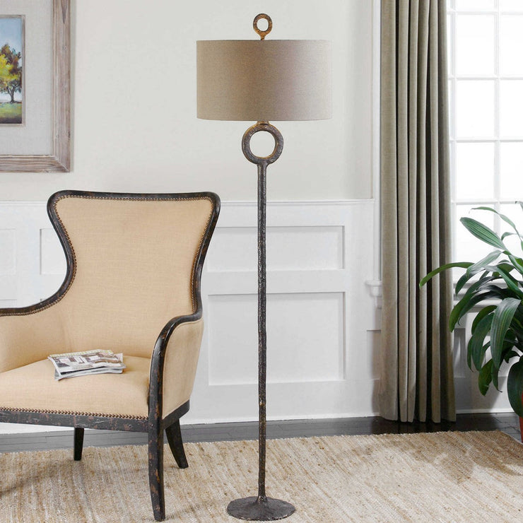 Uttermost Ferro Aged Rust Bronze Iron Floor Lamp With Beige Linen Fabric