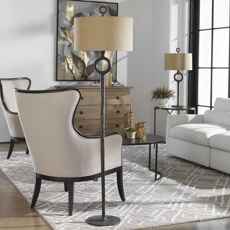 Uttermost Ferro Aged Rust Bronze Iron Floor Lamp With Beige Linen Fabric