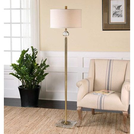 Uttermost Mesita Brushed Brass Floor Lamp With Off-White Linen Shade